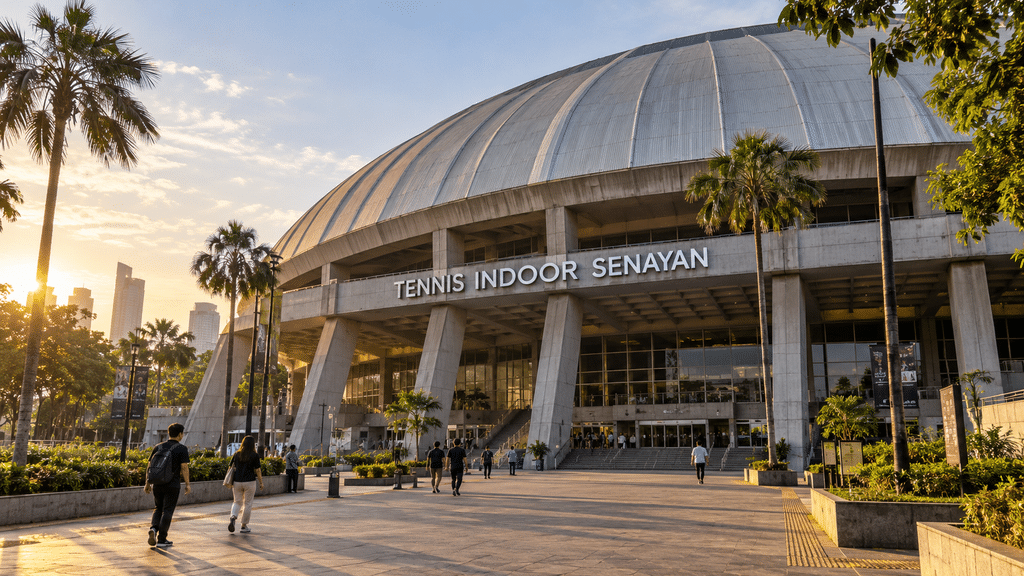 Akhirnya M2M Konser di Senayan 10 April 2027, Ini Info Tiketnya 2 Fasad luar gedung Tennis Indoor Senayan Jakarta saat sore hari yang akan menjadi lokasi konser M2M pada April 2027.