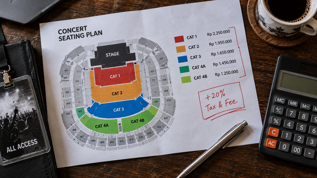 Akhirnya M2M Konser di Senayan 10 April 2027, Ini Info Tiketnya 3 Cetakan denah tempat duduk (seating plan) dan daftar harga tiket konser M2M yang terbagi dalam empat kategori di atas meja redaksi.