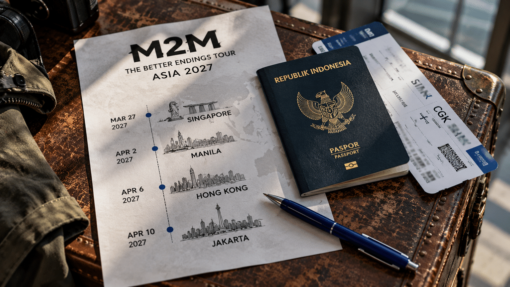 Akhirnya M2M Konser di Senayan 10 April 2027, Ini Info Tiketnya 4 Lembar catatan yang memuat jadwal tur Asia M2M 2027 di Singapura, Manila, Hong Kong, dan Jakarta bersanding dengan paspor.