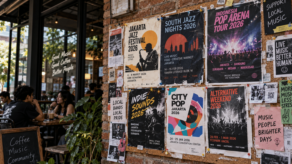 Akhirnya M2M Konser di Senayan 10 April 2027, Ini Info Tiketnya 5 Dinding kafe yang dipenuhi poster festival musik lokal dan internasional yang menjadi perbincangan hangat di tahun 2026.