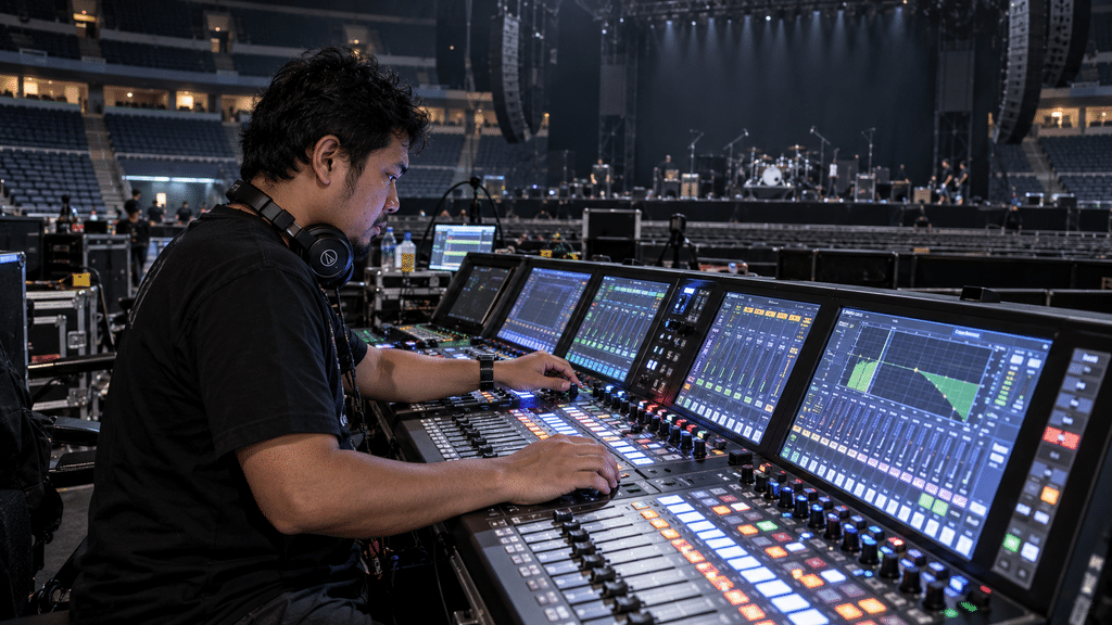 Akhirnya M2M Konser di Senayan 10 April 2027, Ini Info Tiketnya 6 Teknisi suara (sound engineer) memeriksa pengaturan konsol audio digital di meja kontrol untuk persiapan konser musik.